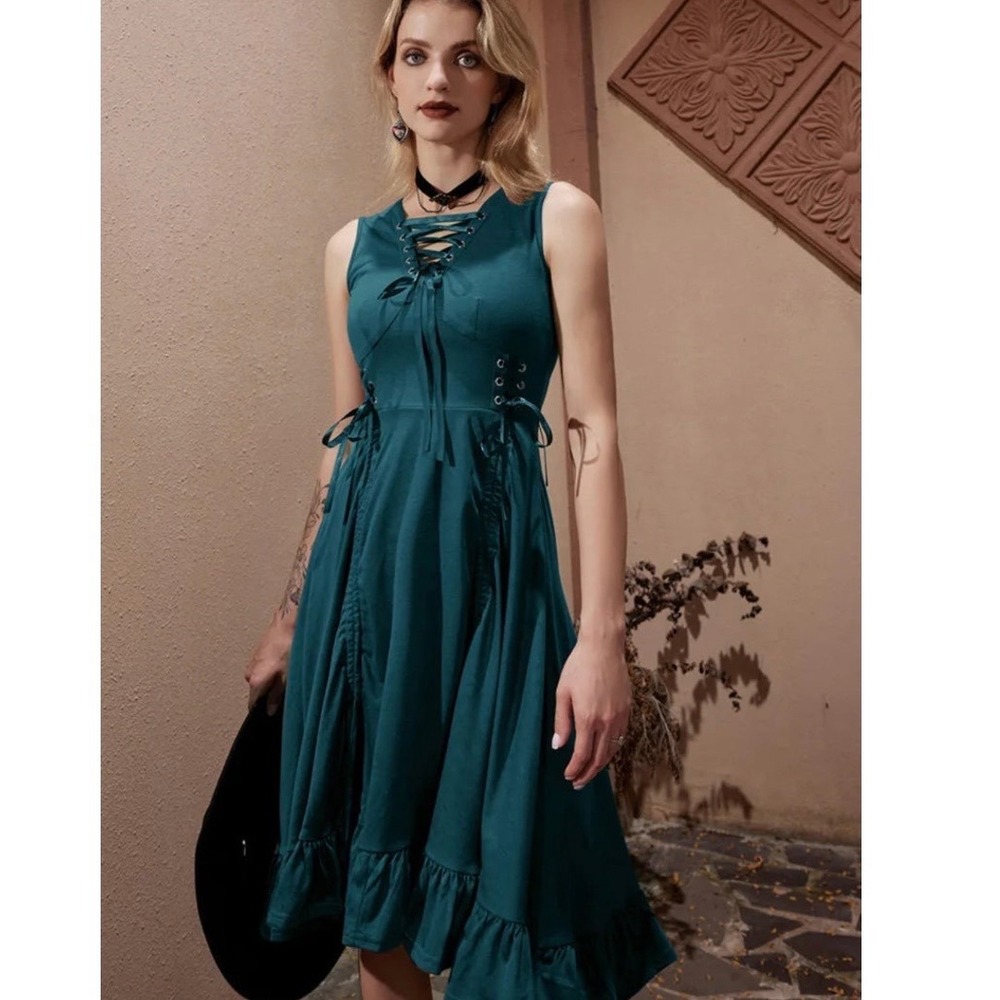 NEW Scarlet Darkness Steampunk Lace Drawstring‎ High Low Blue Dress M Whimsygoth - Picture 2 of 9